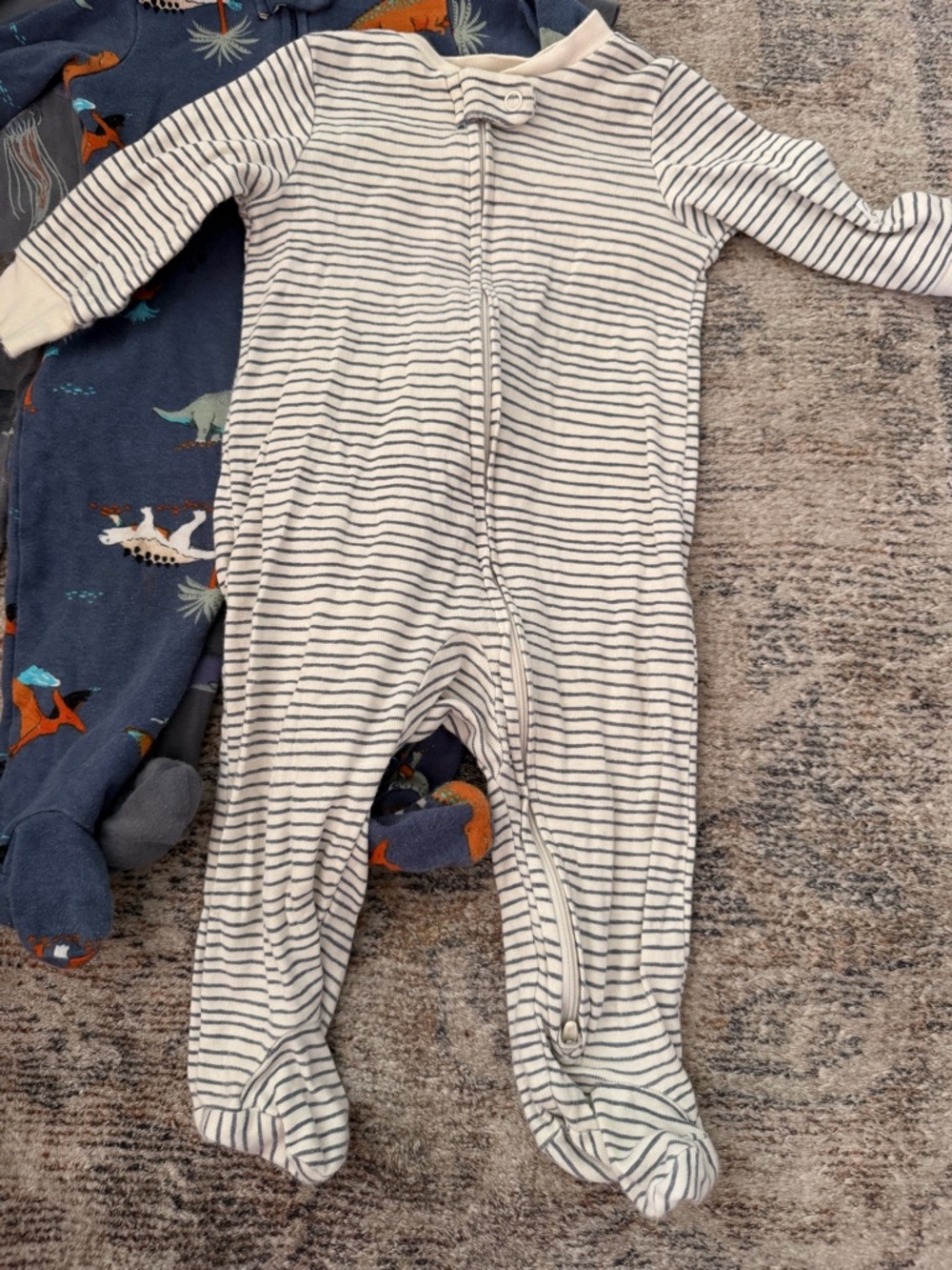 Baby boy One-Piece Pajama bundle- Neutral & Blue Stripes - Picture 6 of 11